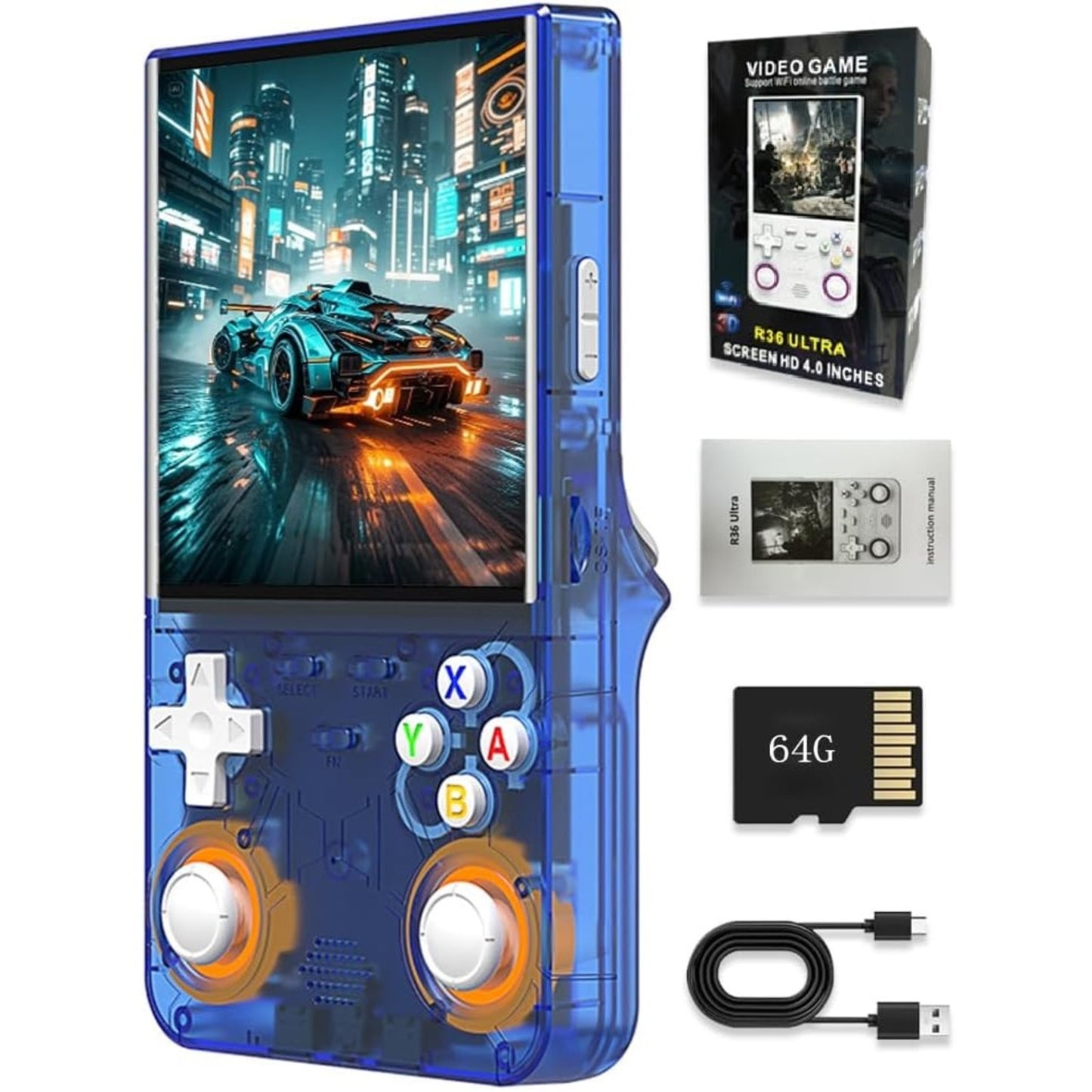 Libras Shop™ 2025 New R36 Ultra RGB Controller Lights Handheld Game Console, 4" IPS Screen Portable Video Game Console , Built in 64G Card & 20000 Games, Linux System Support Wifi Bluetooth