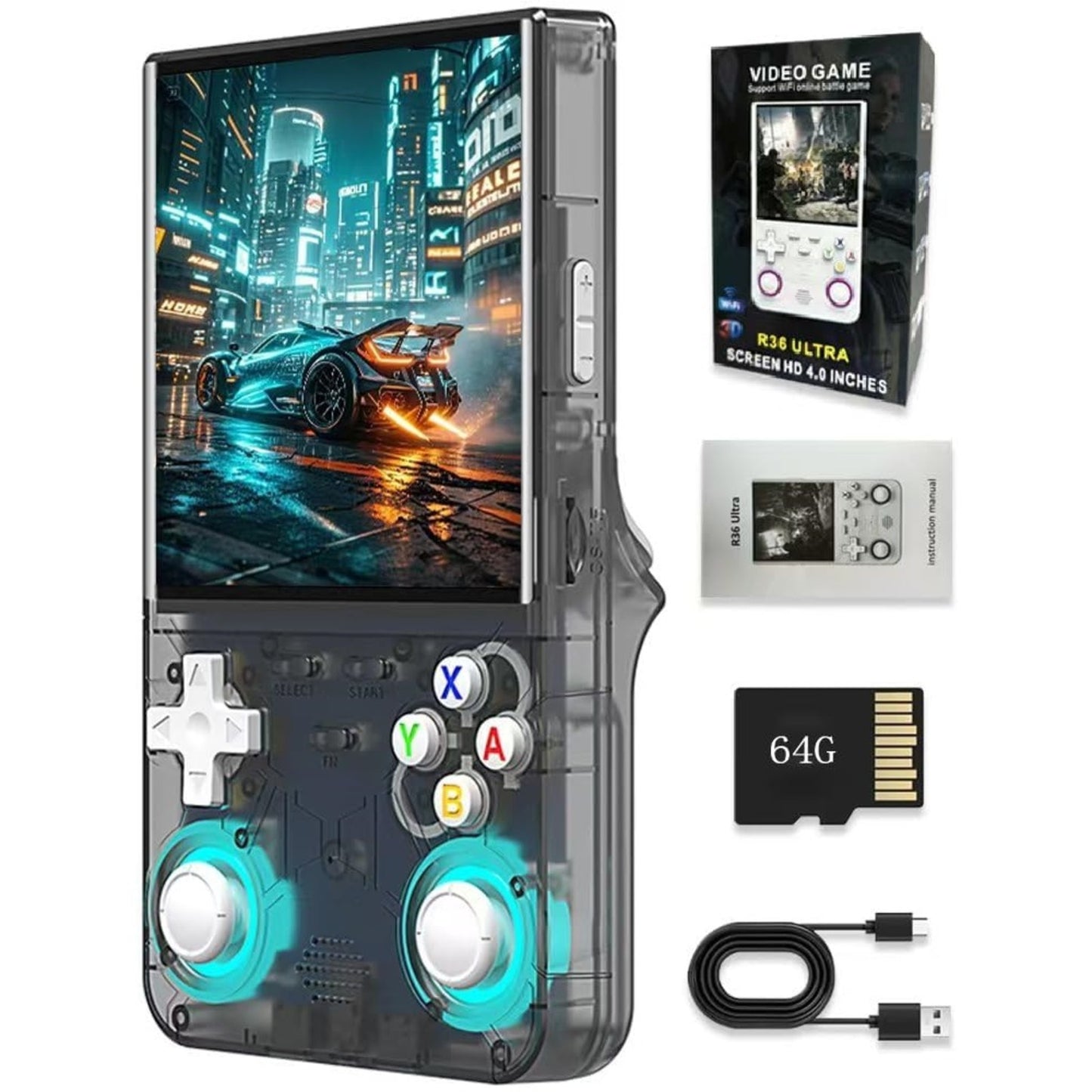Libras Shop™ 2025 New R36 Ultra RGB Controller Lights Handheld Game Console, 4" IPS Screen Portable Video Game Console , Built in 64G Card & 20000 Games, Linux System Support Wifi Bluetooth