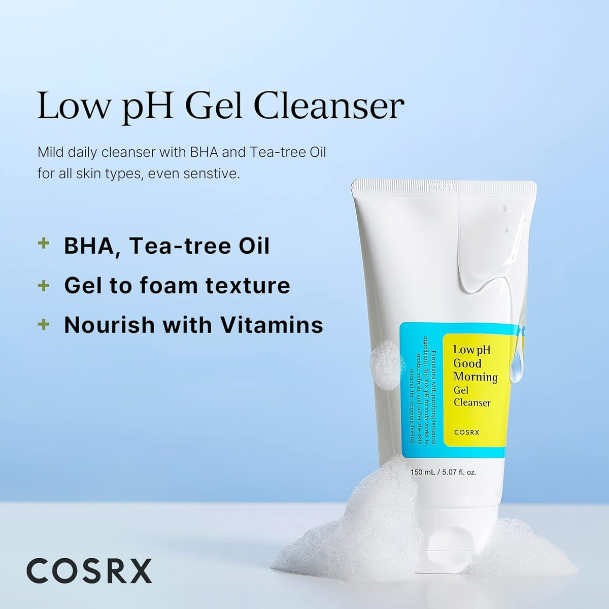 COSRX Low pH Good Morning Gel Face Cleanser, 5.07 fl oz, BHA Face Wash, Daily Mild Face Cleanser for Sensitive Skin, PH Balancing, Korean Skin Care, Korean Face Wash