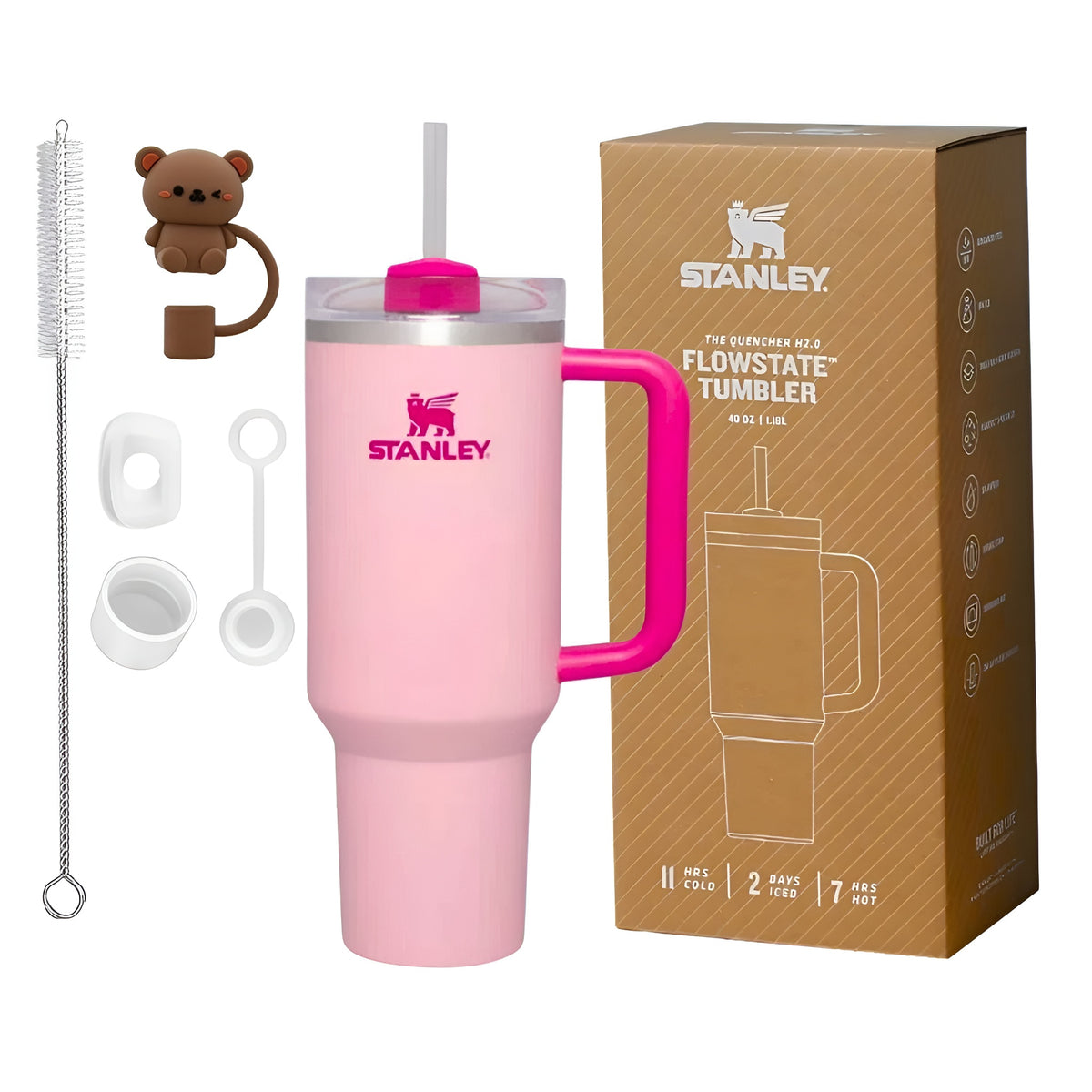 Stanley Quencher H2.0 FlowState Vacuum Insulated Tumbler with Straw, Lid, Spill Stopper, Cleaning Brush & Random Topper for Water, Iced Tea, Coffee & Smoothies – Flamingo Pink | 40 oz 1.2Litre |